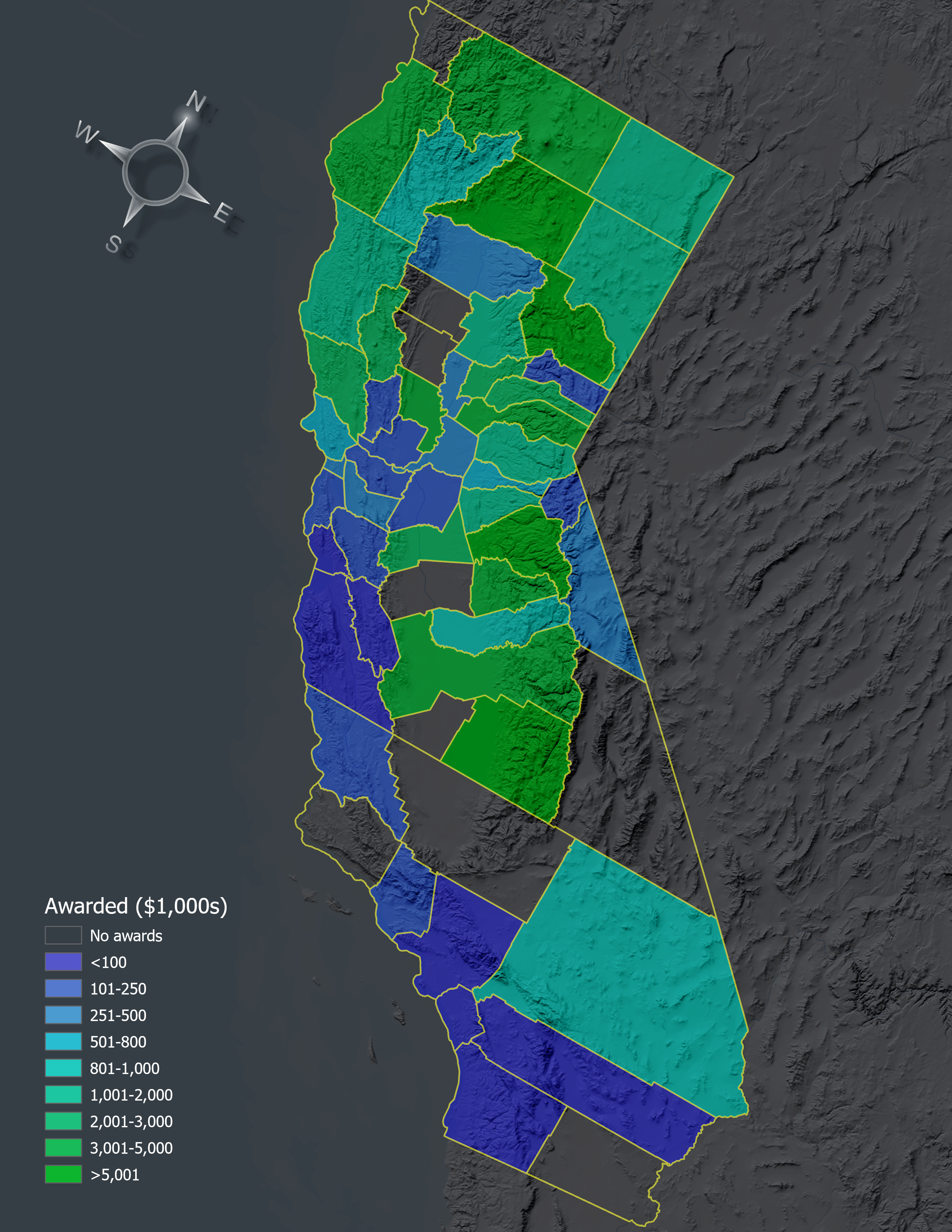 Awarded grants by California County. Numbers in thousands $USD.