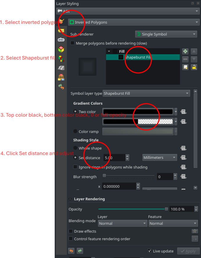 Layer styling effects for an offset gray AOI border.