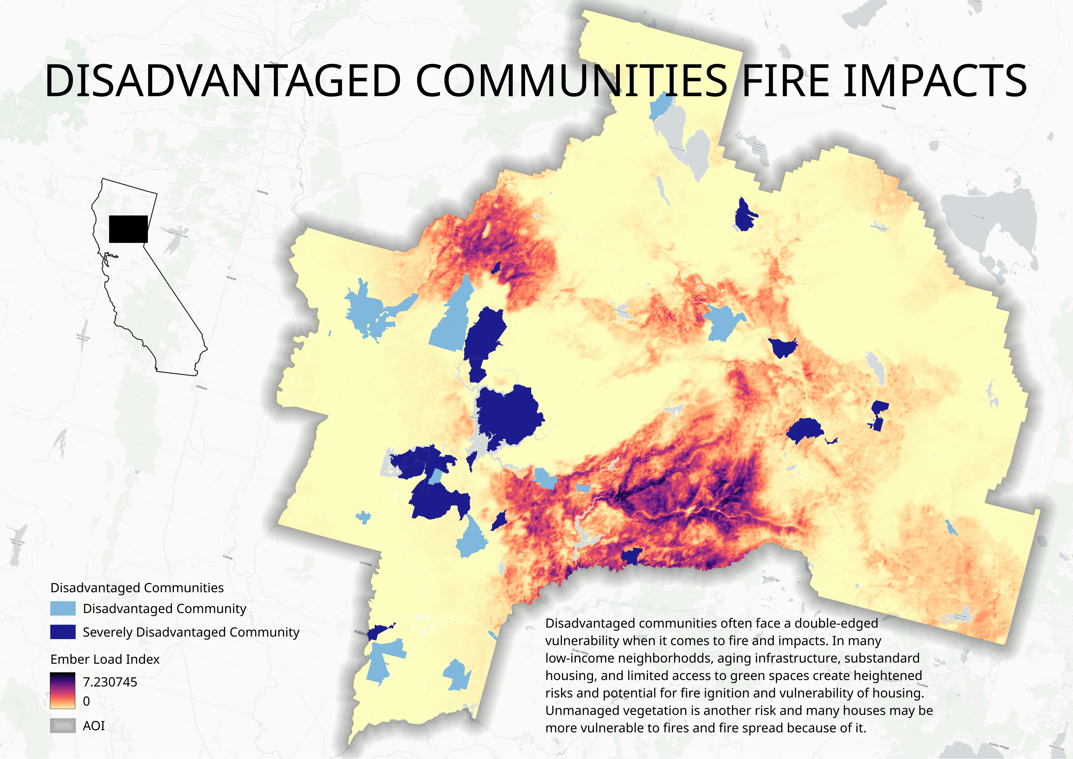 A map of fire impacts on disadvantaged communities. Credits: ESRI, Tiger Lines, USGS, NASA, TomTom, Garmin, OSM, GIS user community.
