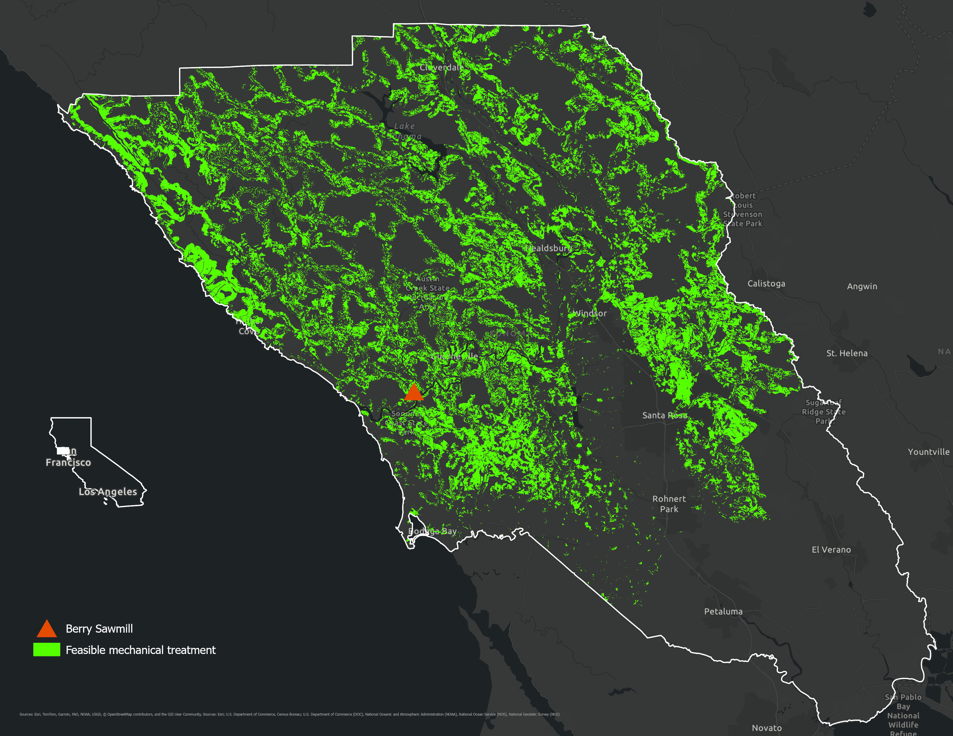 Feasible treatment areas of Sonoma County and the location of Berry Sawmill as a feedstock aggregation site—adapted from . Feasible treatment areas exclude waterways, slopes above 45%, and material that is not within sufficient proximity to roadways.