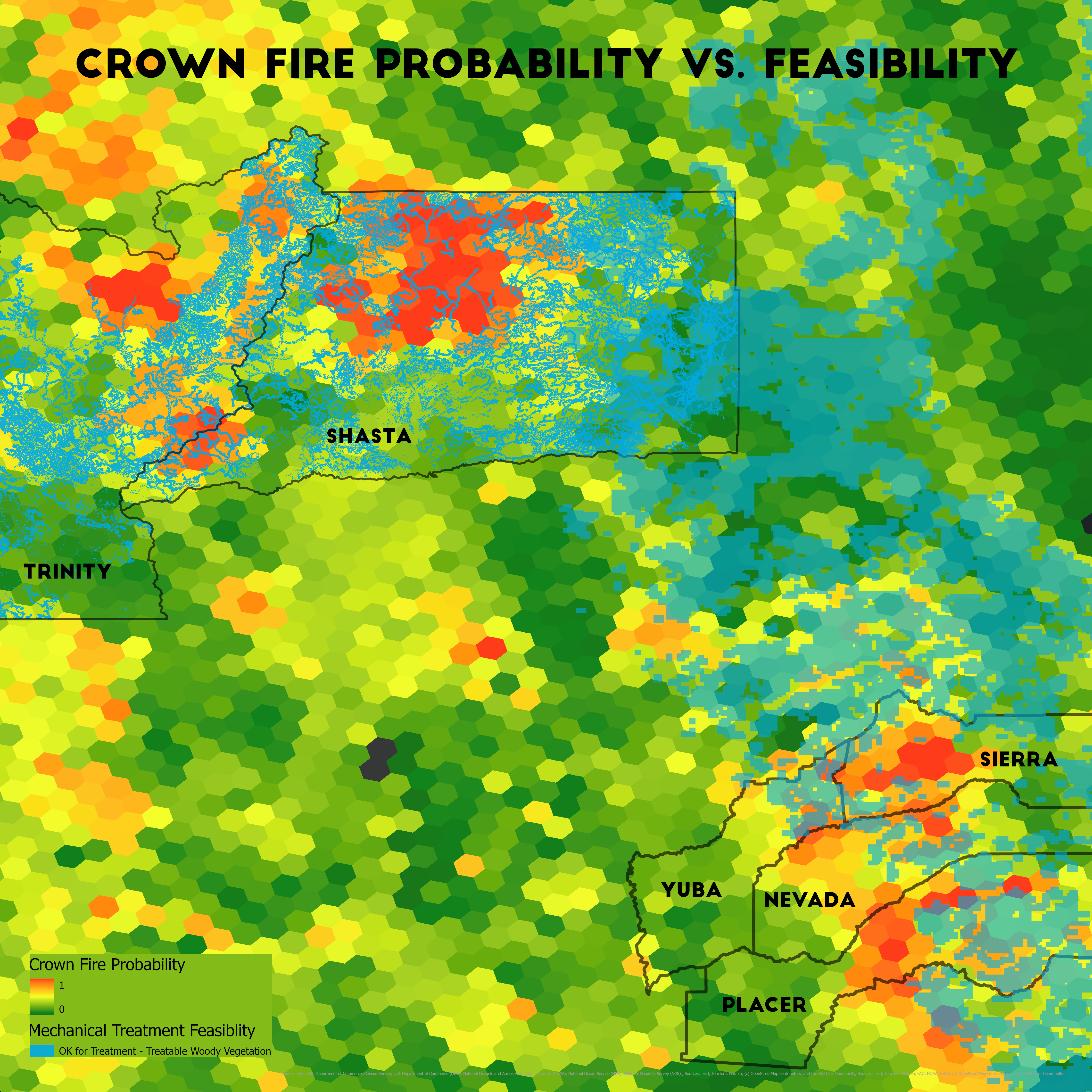 Crown fire probability vs. mechanical treatment feasibility (<35% slopes and within 1000’, just over 300m, of existing roads>). The calculated overlap between the two datasets is 8% in the Sierra and 19% in the Cascades.