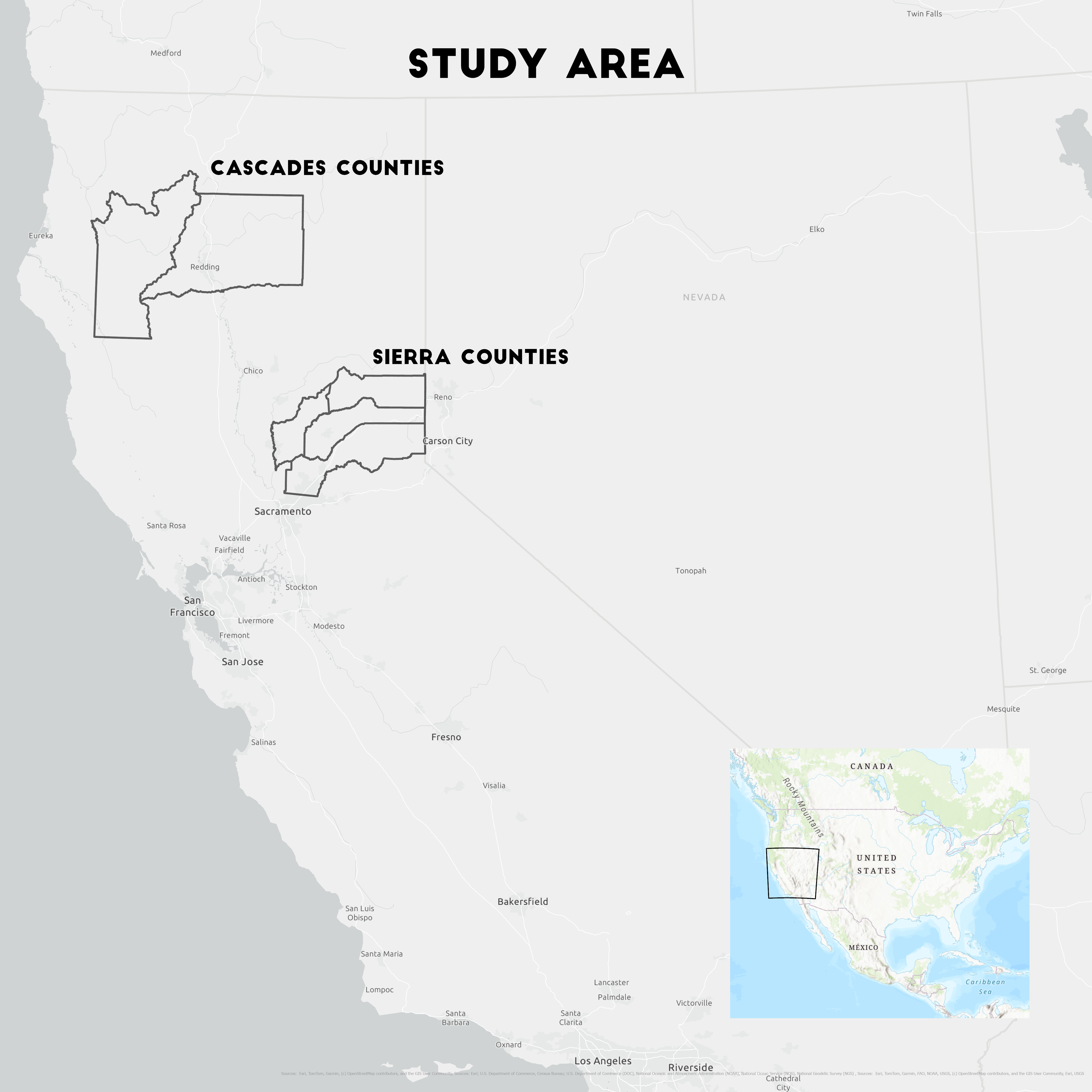 Study area in Northern California showing county boundaries used as delimiting borders.