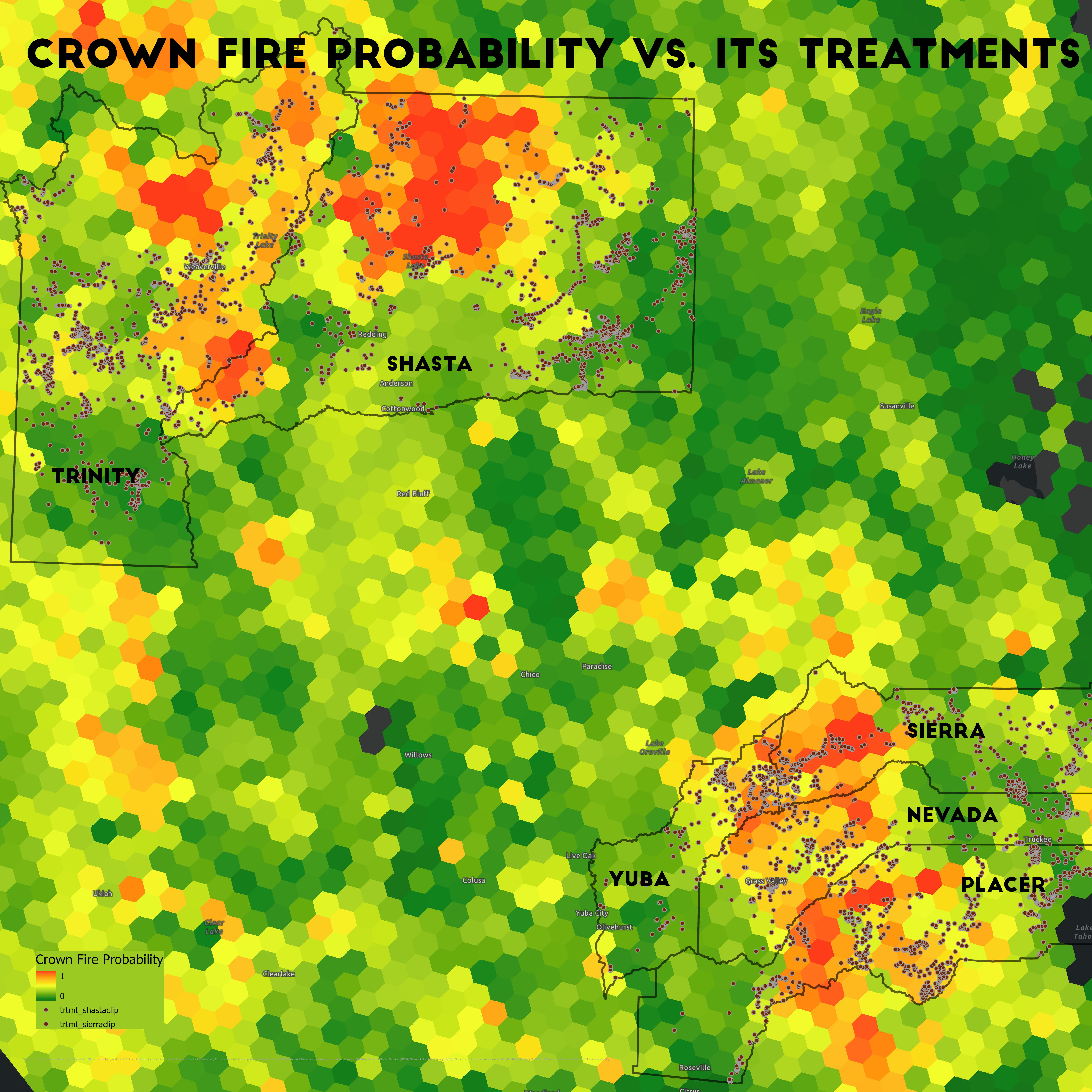 Crown fire probability vs. Interagency Tracking System treatments. There are more treatments in the Central Sierra high-probability areas than in the donut in the Cascades.