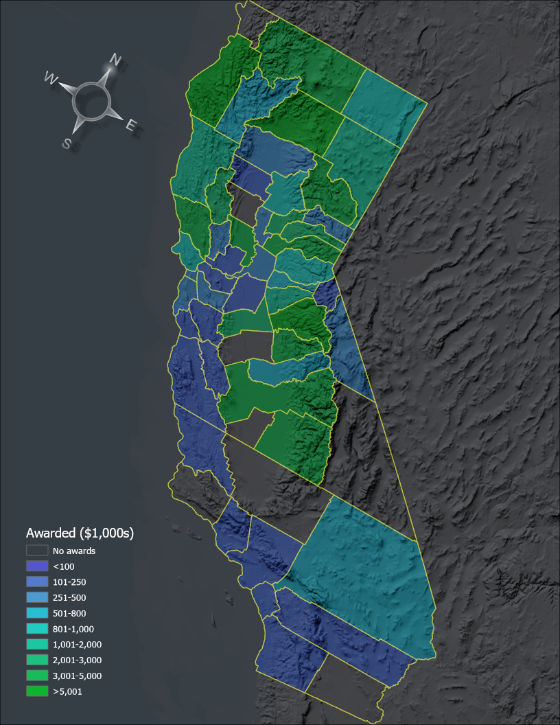 Awarded grants by California County from 2022-25. Numbers in thousands $USD.