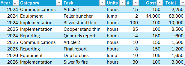 Budget table example