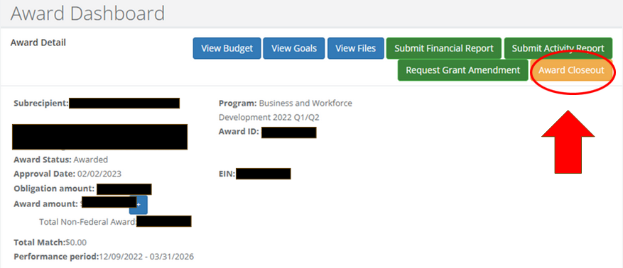 Award dashboard for eCivis showing the award closeout button to start the closeout process.