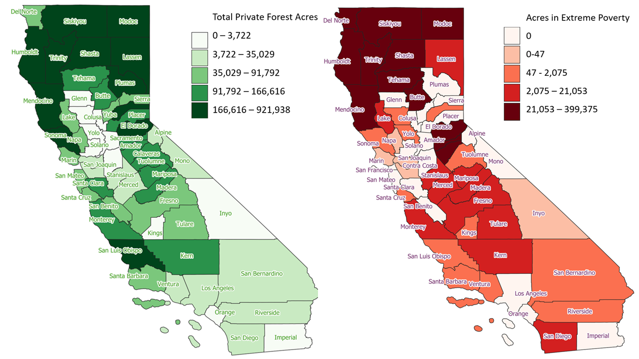 Private forest treatment needs by total acres within counties at left and private forest treatment needs by total acres within extreme poverty counties at right.