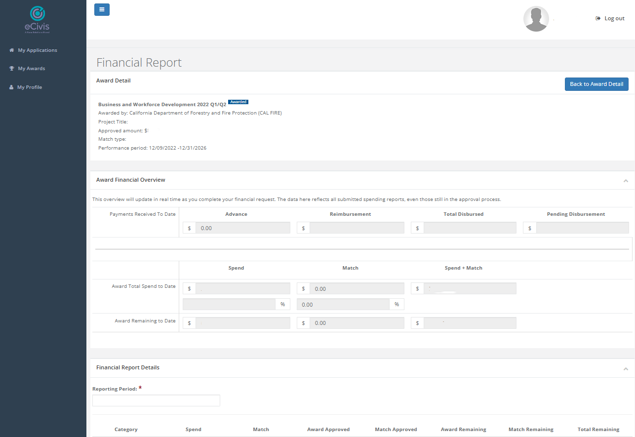 Financial overview. Note that amounts have been redacted for privacy reasons.
