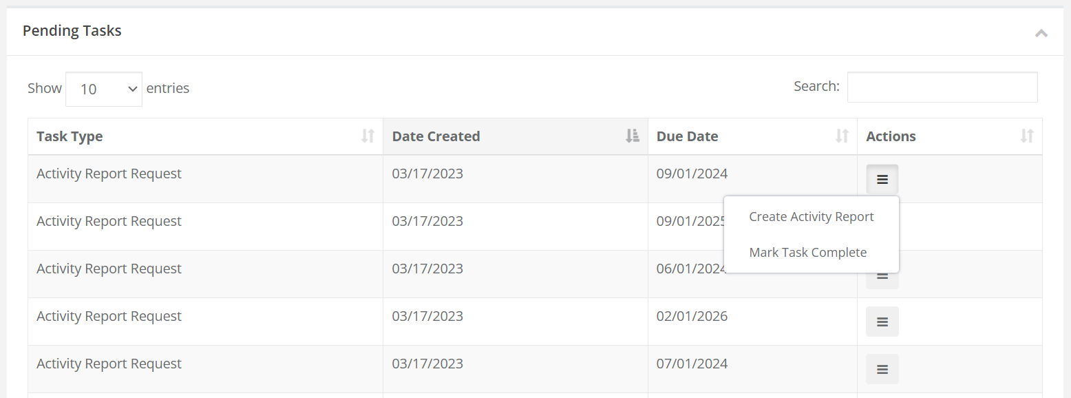Option 1 to create and submit an Activity Report is to access it under Pending Tasks on the Award Dashboard page in eCivis.