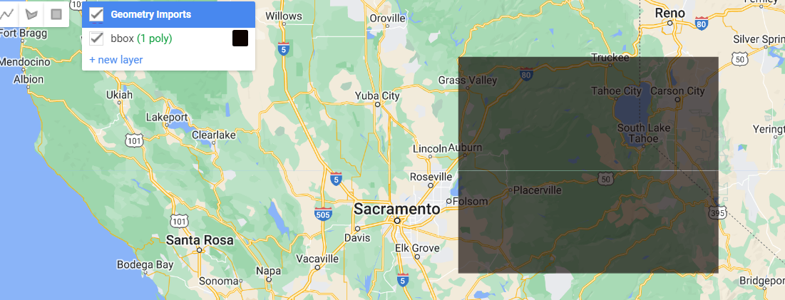 Rectangle drawn to the area of interest. The default name will be geometry, here it is already re-named bbox.