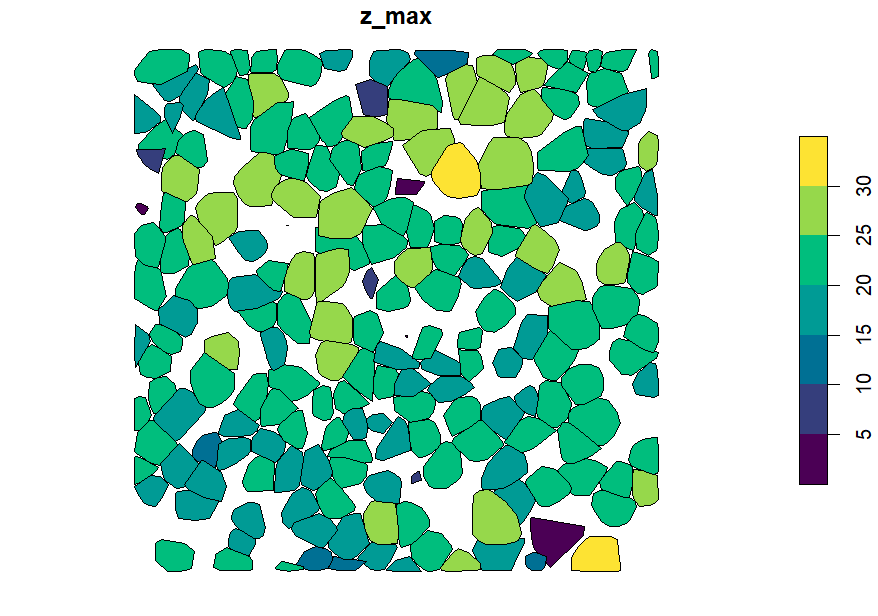 Convex hulls of each tree in the canopy height model shaded by height.