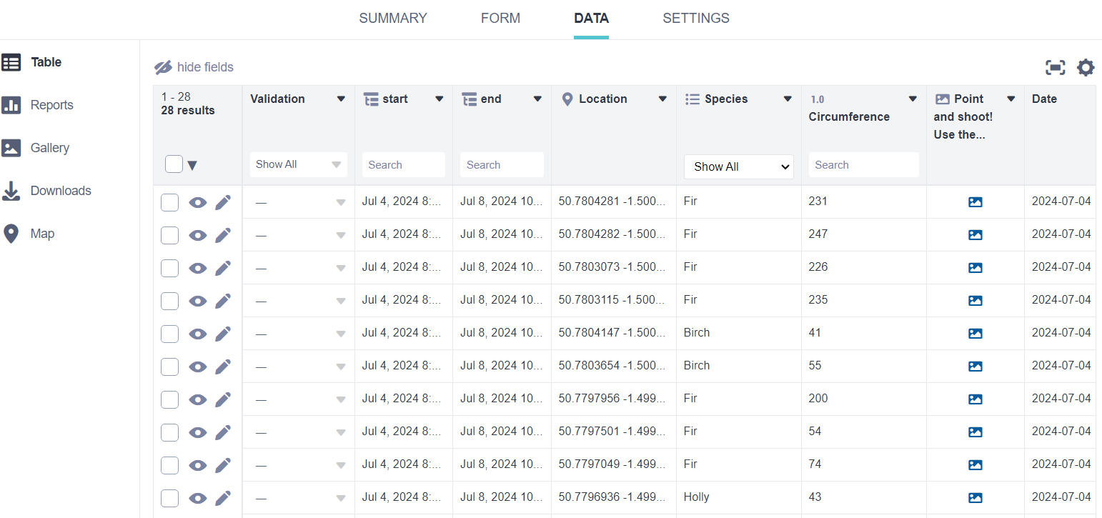 KoboToolbox Data/Table tab.