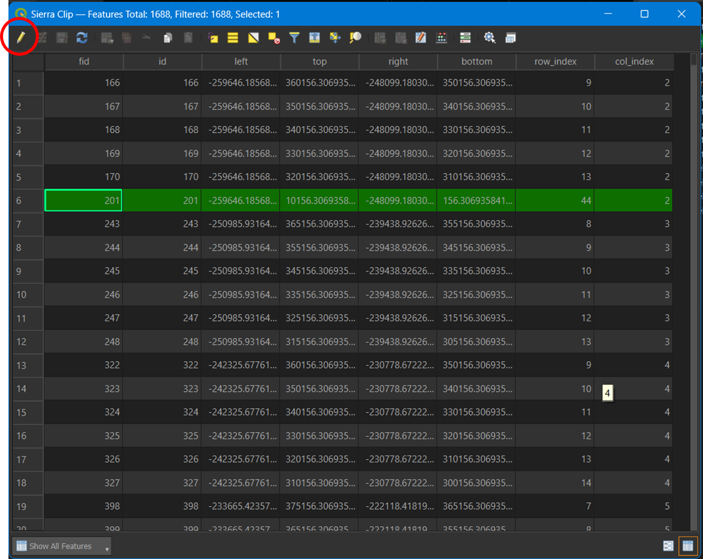 Clicking the pencil (red circle) to enable edit mode in the attribute table.