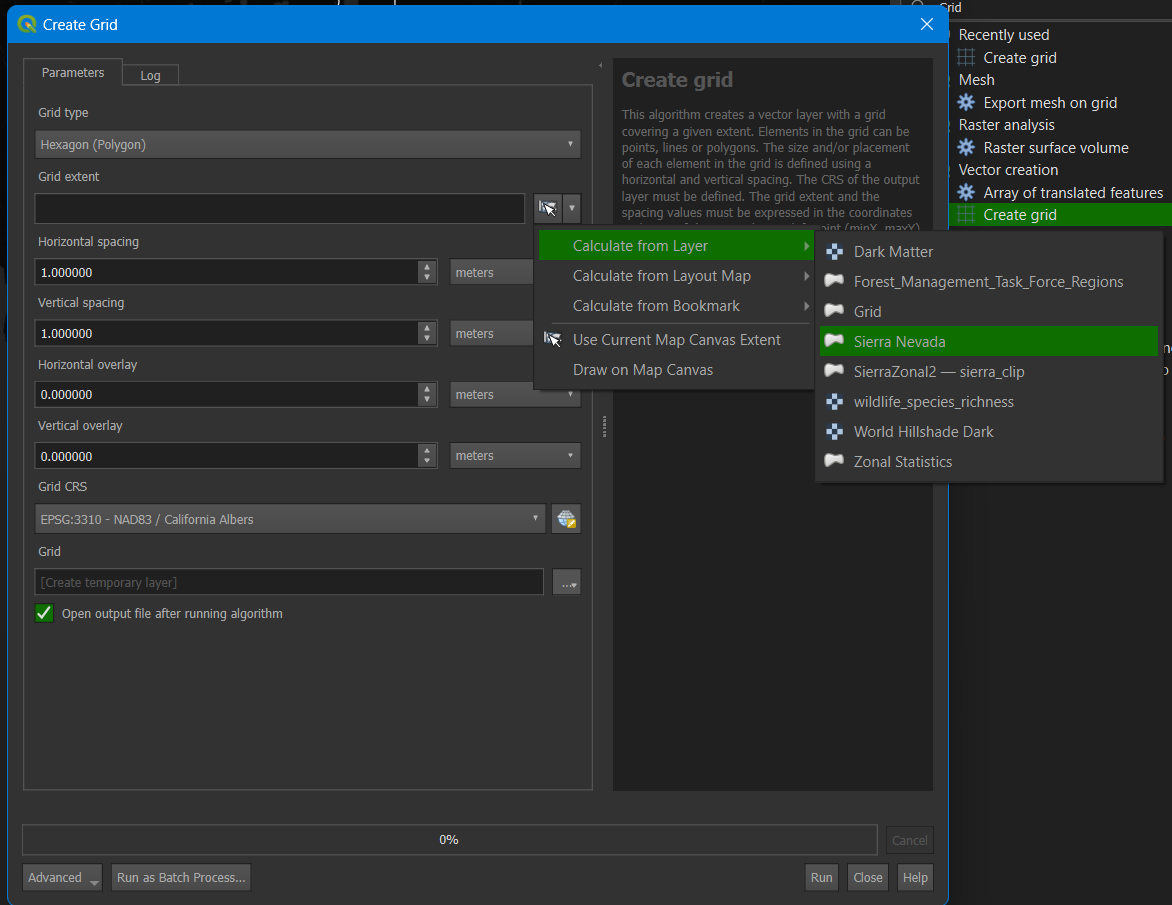 Create Grid tool parameters showing Calculate from Layers/Sierra Nevada selected.
