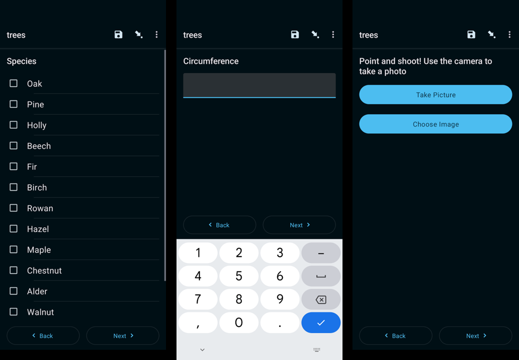 Survey form screens.