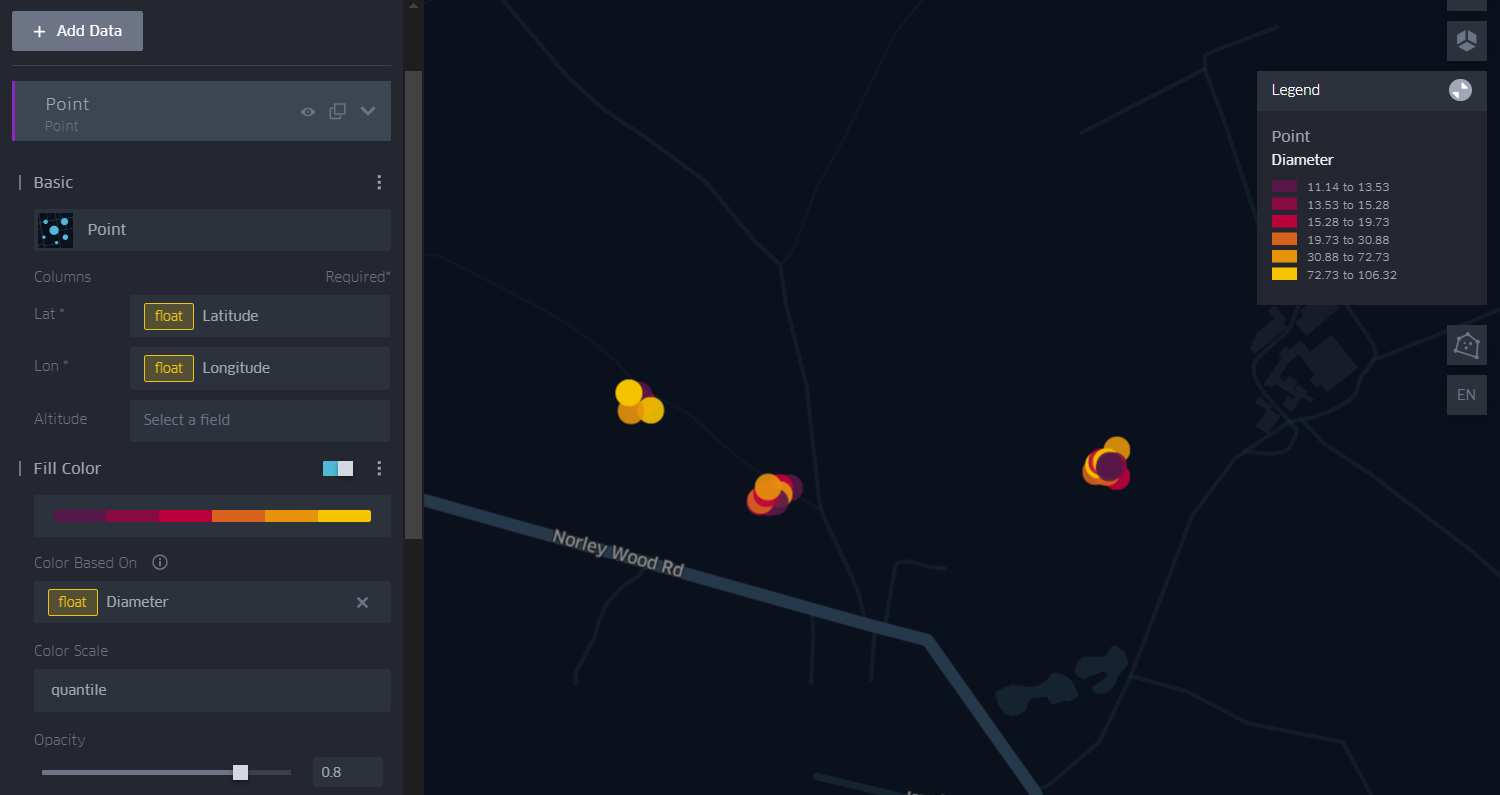 The kepler.gl map of the points using Geo Data Viewer and Visual Studio Code.