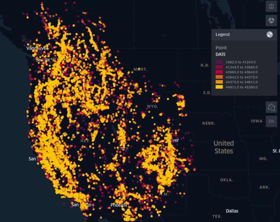 Lewis’s Woodpecker distribution heatmap in the western United States.