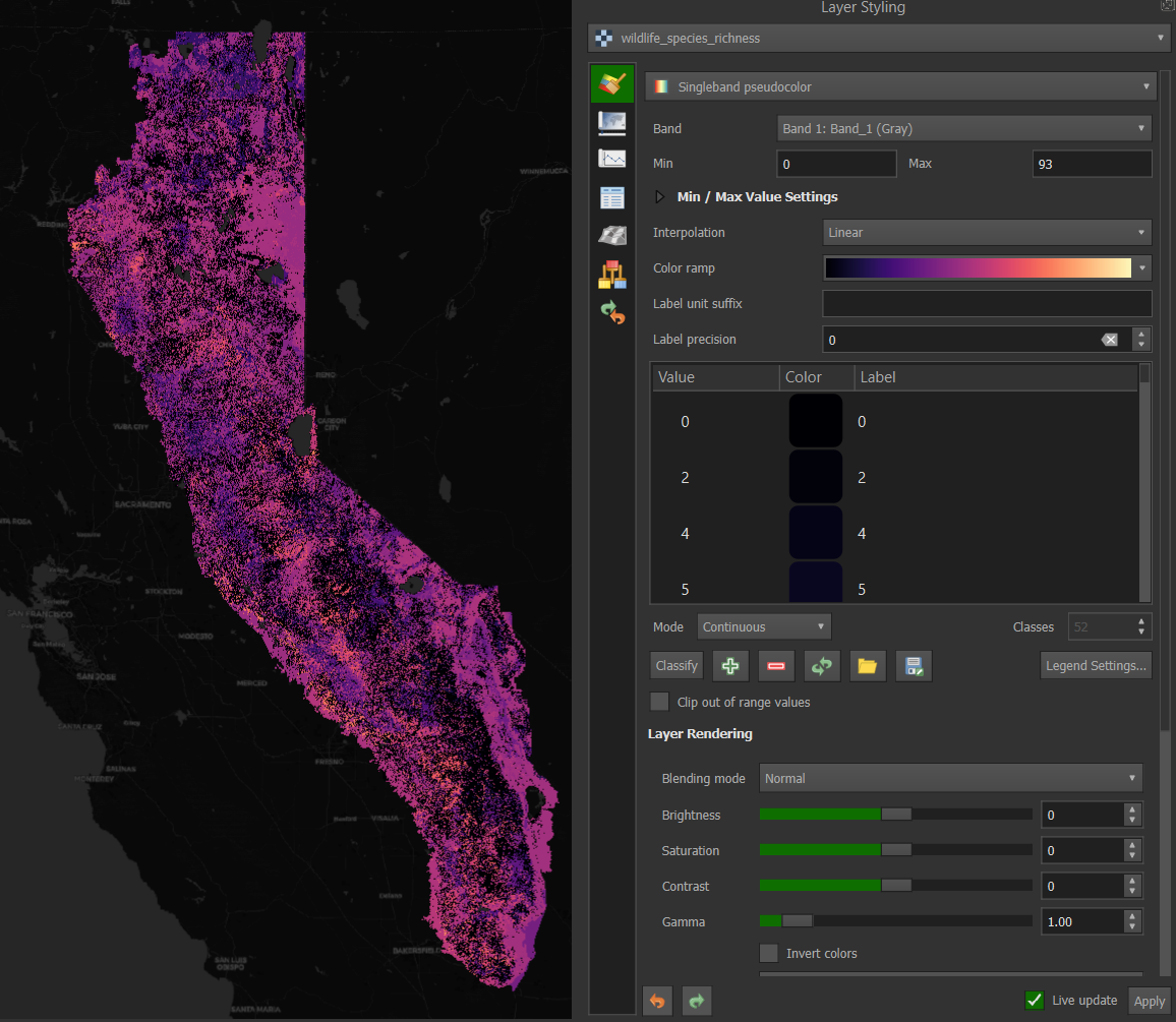 Changing the raster to a magma color ramp using the Layer Styling panel.