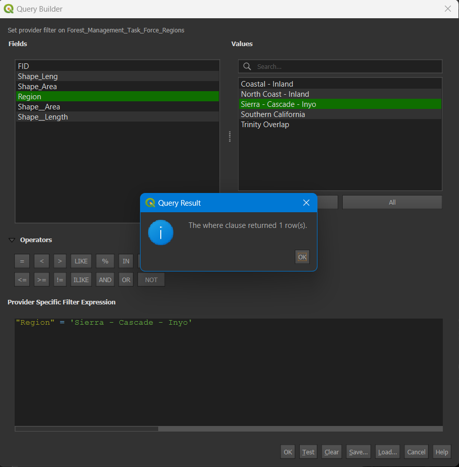 Using the Query Builder to select the Sierra-Cascade-Inyo region.
