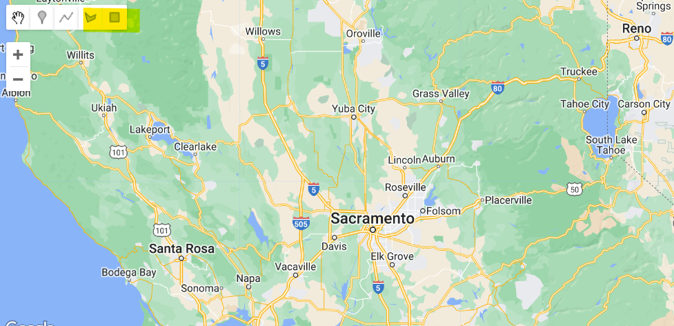 Zooming to an area of interest. Note the highlighted rectangle/polygon buttons to add geometry vector layers.