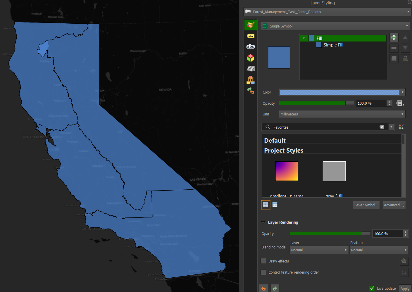Opening the Layer Styling panel with the Task Force Regions selected.