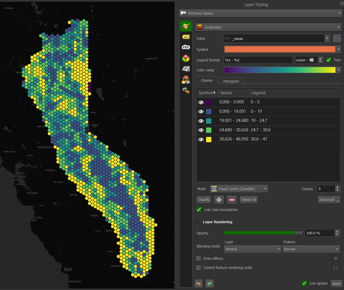 Selecting the viridis Color ramp in the Layer Styling panel.