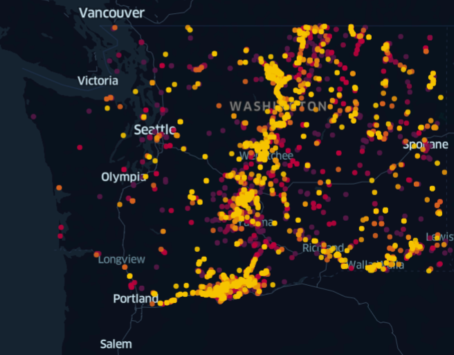 Distribution heatmap in Washington state of Lewis’s Woodpecker.