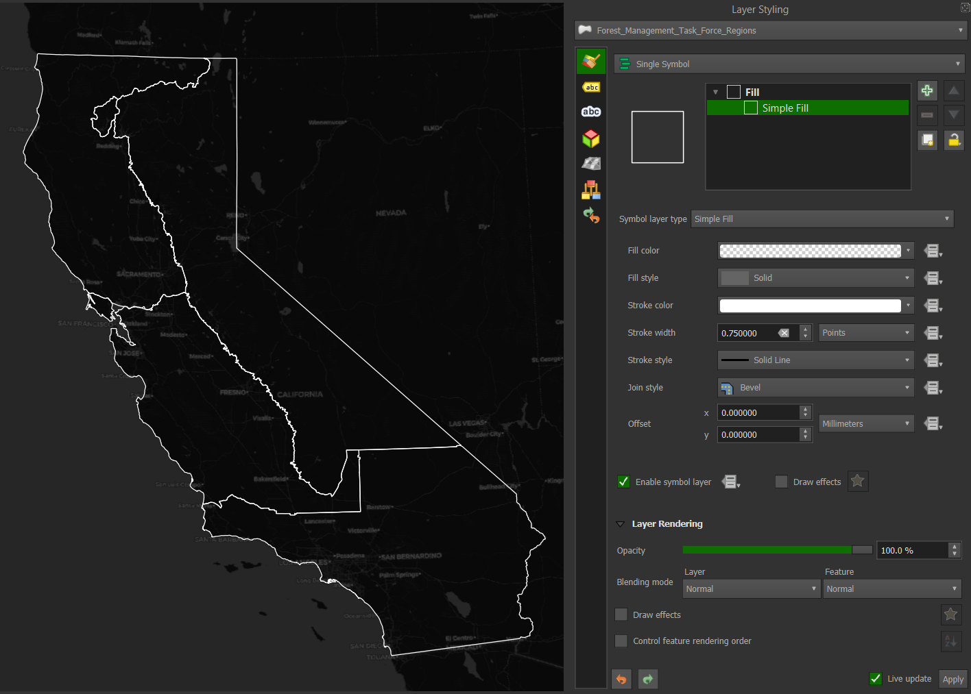 Changing the Regions to white border no fill using the Layer Styling panel.
