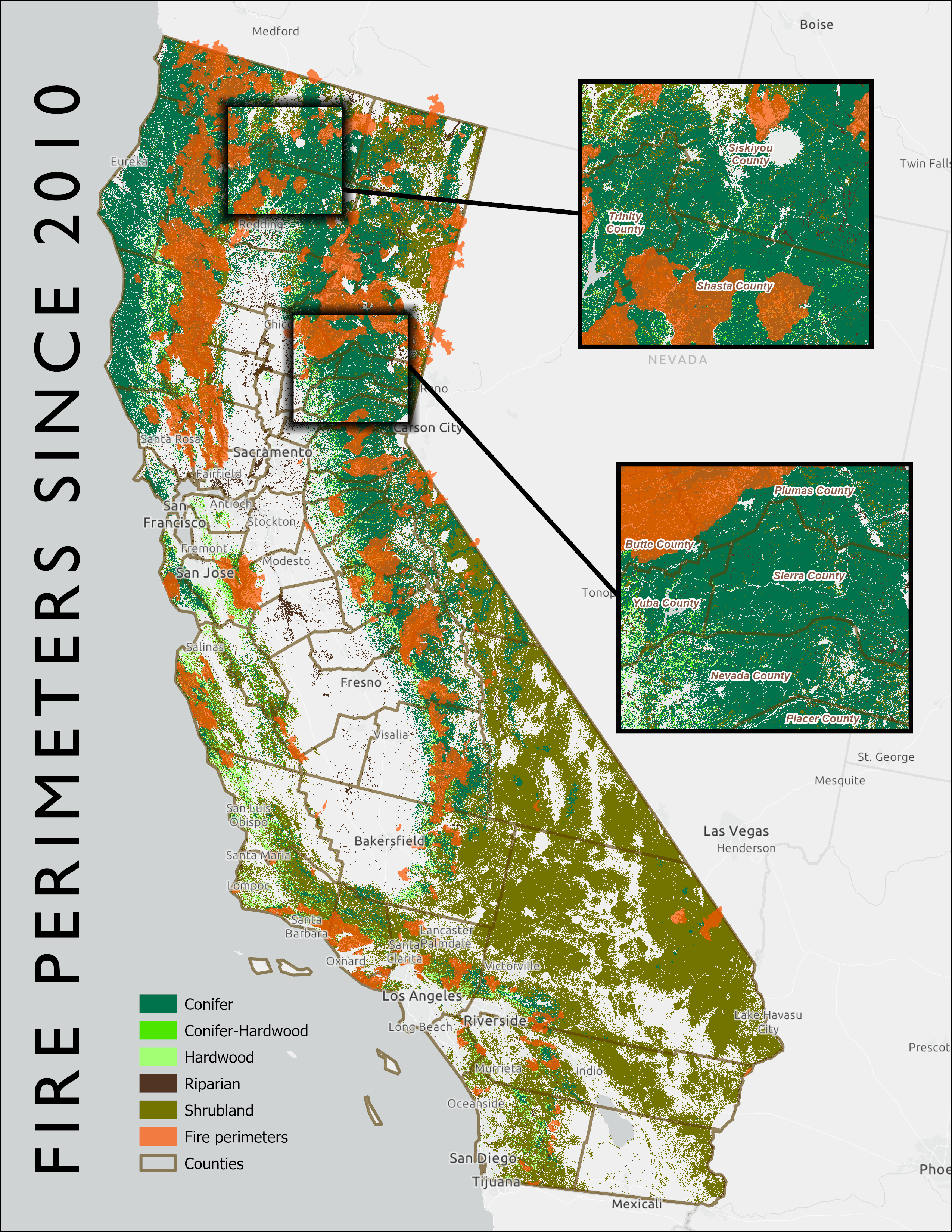 Fire perimeters >5,000 acres since 2010 showing insets for Shasta County (above) and Sierra/Nevada Counties (below) where fewer large wildfires have occurred . Map by 3point.xyz.