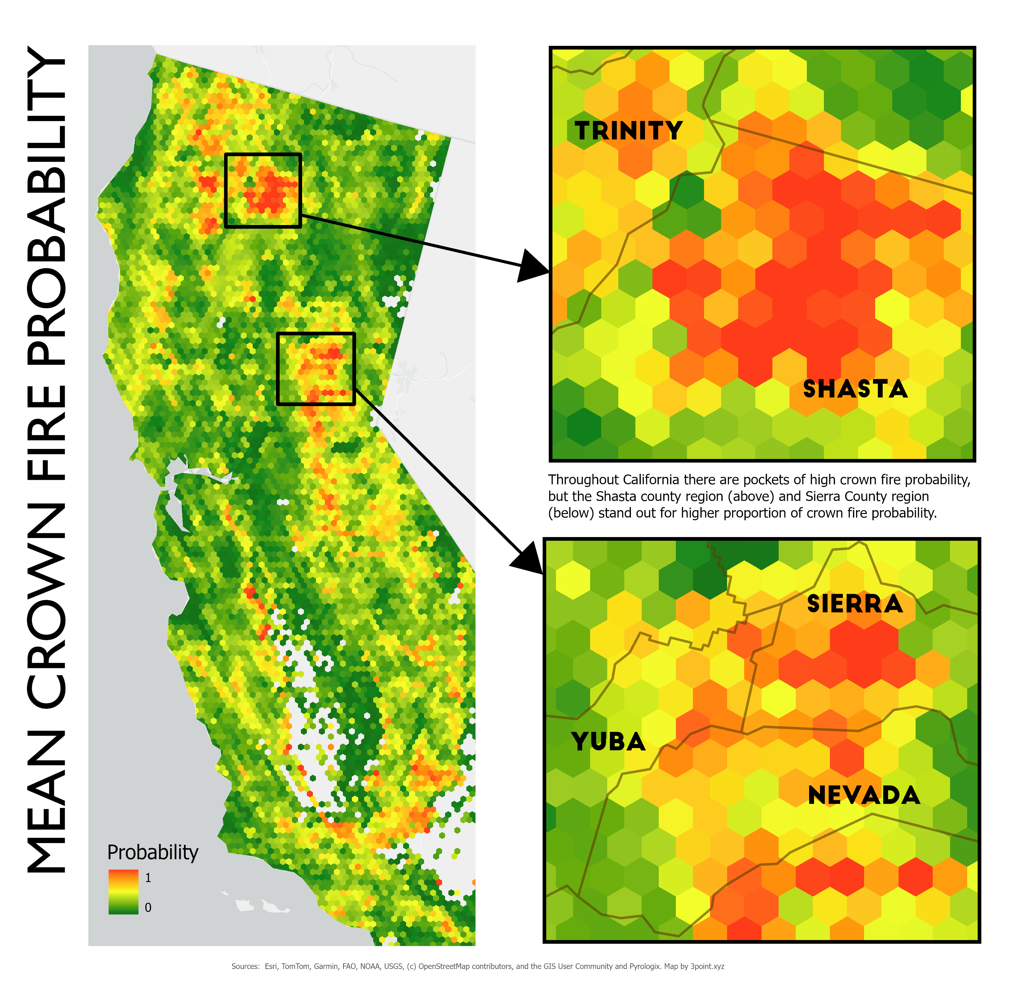 Mean crown fire probability showing inset closeups in the Shasta and Sierra/Nevada County areas where high concentrations of wildfire probability exist . Map by 3point.xyz.