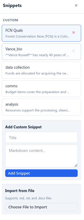 Snippets panel